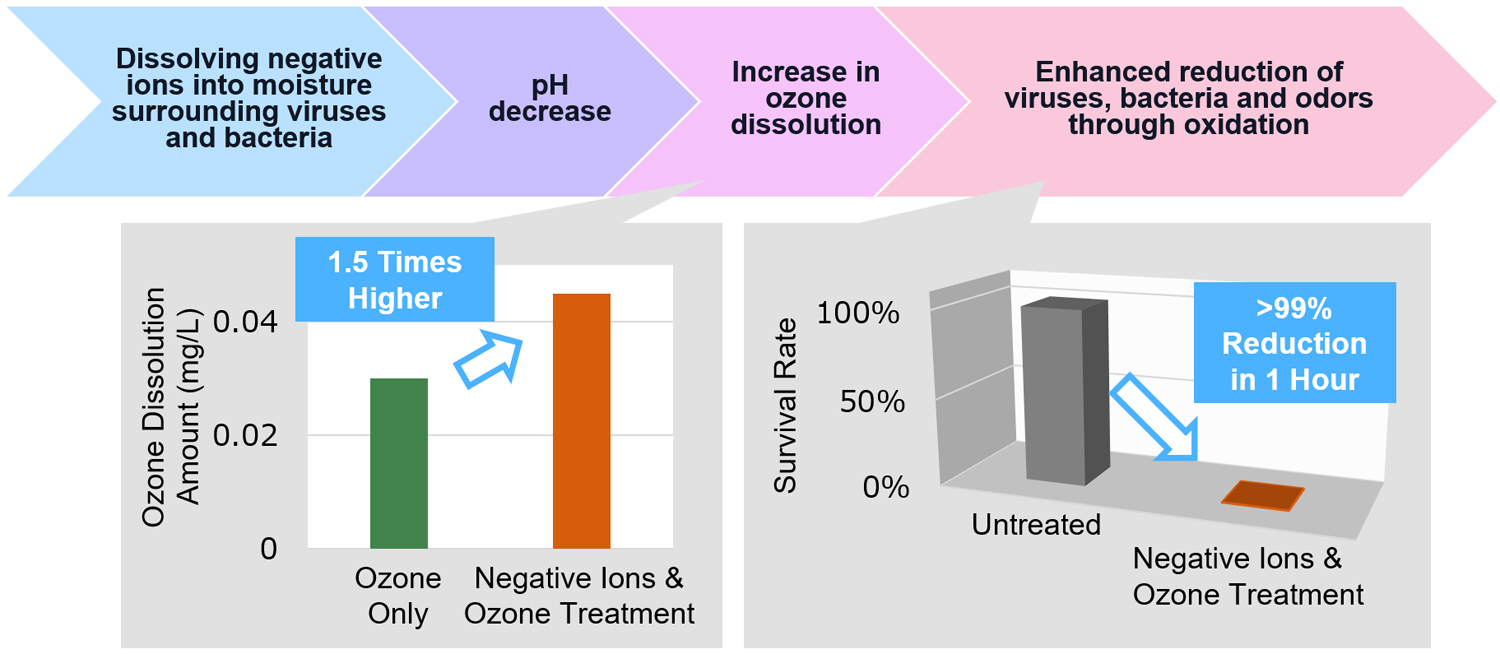 Use of negative ions to enhance ozone oxidation and reduce pink slime yeast