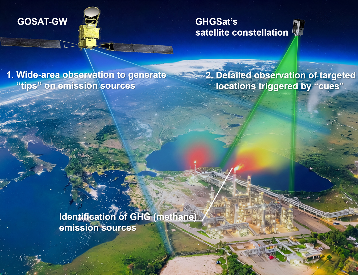 Envisioned system for identifying GHG emission sources using GOSAT-GW and GHGSat’s satellite constellation