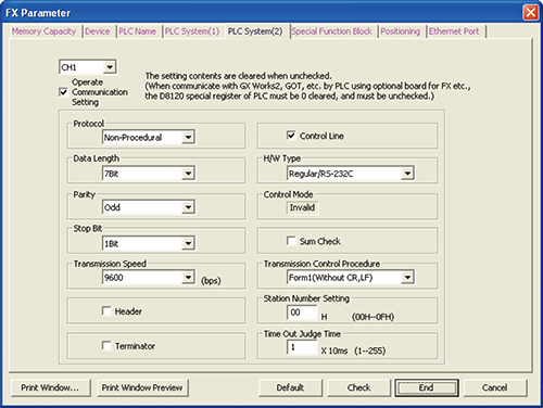 FX communication parameter setting window