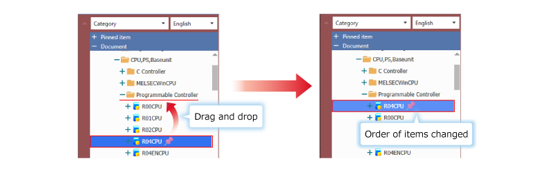 In the document category tree, the order of items in the same hierarchy can be changed by dragging and dropping the items.