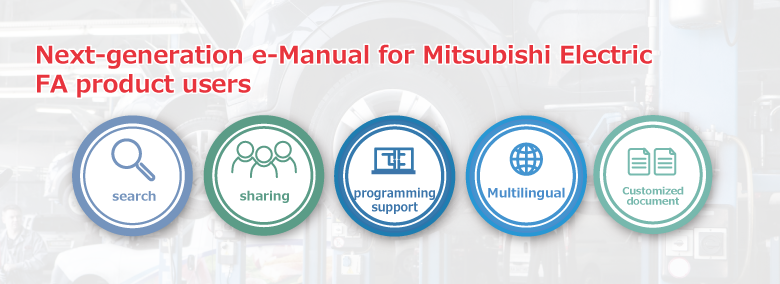 Search、Sharing、Programming support、Multilingual、Customized document Next-generation e-Manual for Mitsubishi Electric FA product users