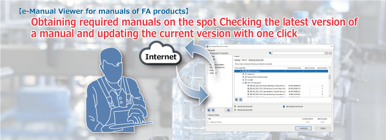 Obtaining manuals on the spot Checking the latest version of a manual and updating the current version with one click e-Manual Viewer for manuals of FA products