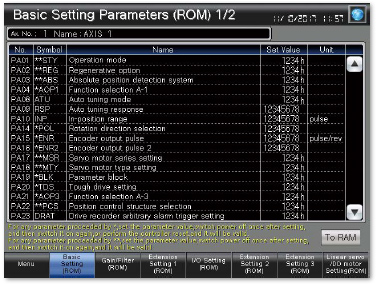 Basic setting parameters screen