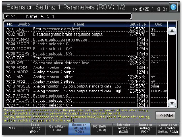 Extension setting parameters screen