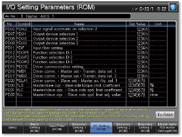 I/O setting parameters screen