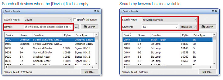 Search all devices when the [Device] field is empty/Search by keyword is also available