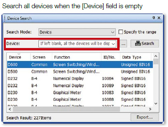 Search all devices when the [Device] field is empty/Search by keyword is also available