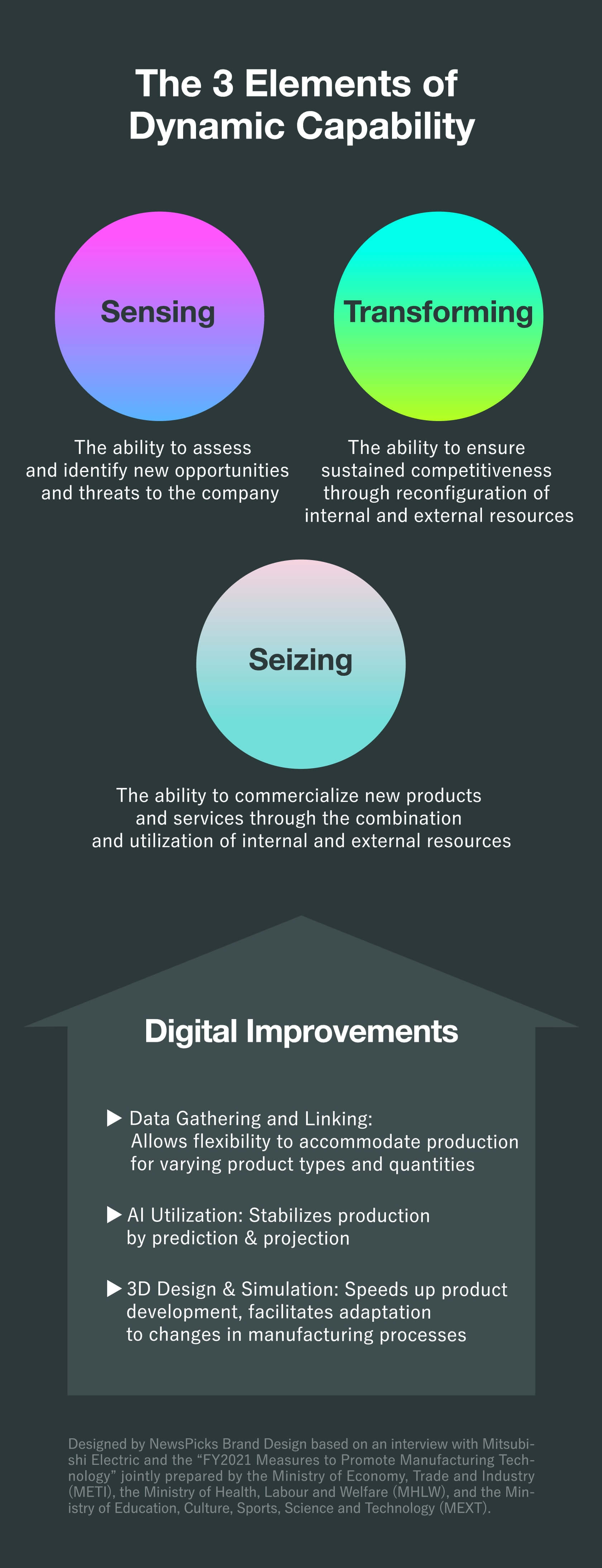 The 3 Elements of Dynamic Capability. Sensing, Transforming, Seizing. Digital Improvements,