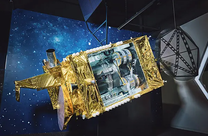 Satellite platform on display at Mitsubishi Electric’s Kamakura Works