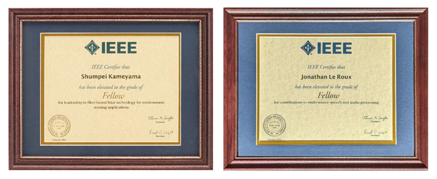 IEEE Fellow Certificate (From left: Shumpei Kameyama and Jonathan Le Roux)